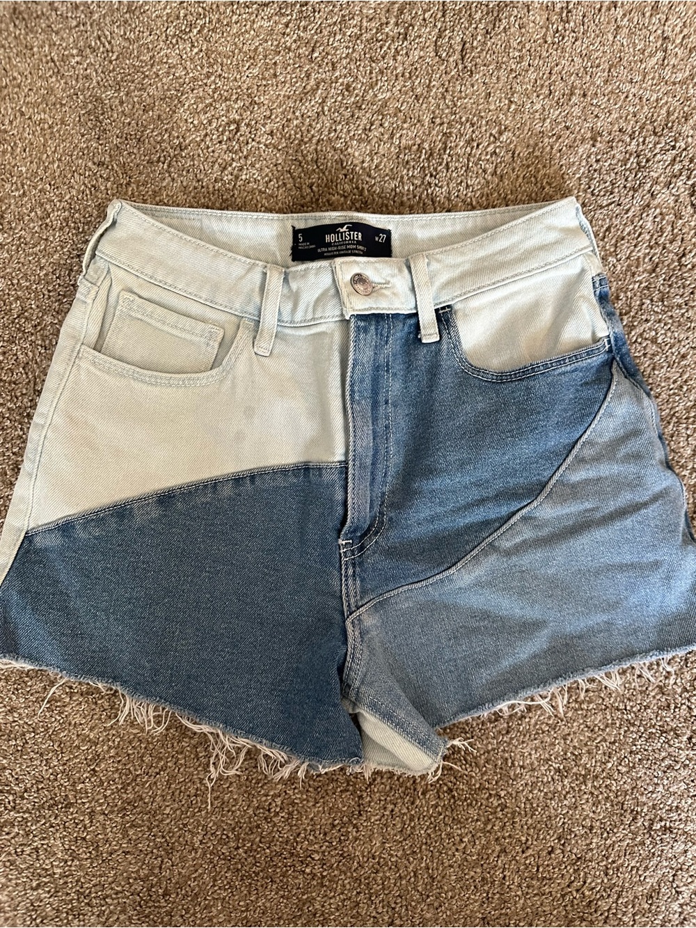 Hollister Two-Tone Light Blue and Medium Blue High-Rise Jean Shorts
